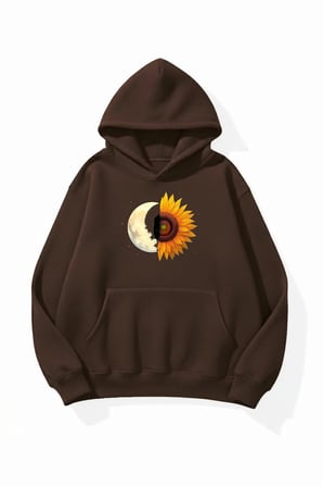 Unisex Yumuşak Dokulu Ay ve Papatya Baskılı Tasarım Oversize 3 İplik Hoodie Sweatshirt