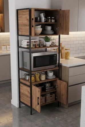 Reyo Falez Çok Amaçlı Mutfak Dolap Raflı Metal Ayaklı Mikrodalga Fırın Dolabı - 220 Atlantik Çam