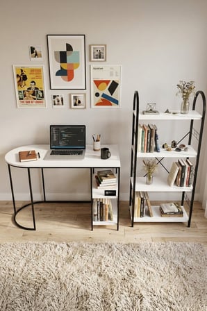 Reyo Falez Çalışma Masası ve Kitaplık Seti Metal Ayaklı,Minimalist Tasarım,Geniş Masa Alanı,Çok Rafl