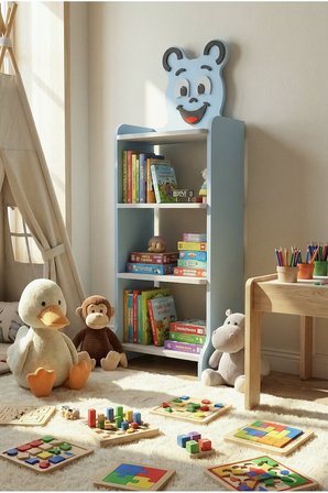 Reyo Falez Çocuk Kitaplık Happy Face 4 Raflı, Sevimli Figürlü Düzenleyici Raf Sistemi - 8026 Mavi