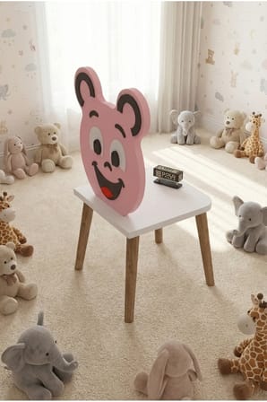 Reyo Falez Happy Face Çocuk Sandalyesi, Ahşap Ayaklı, Sevimli Figürlü Pembe