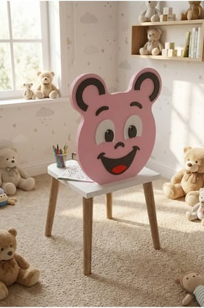 Reyo Falez Happy Face Çocuk Sandalyesi, Ahşap Ayaklı, Sevimli Figürlü Pembe