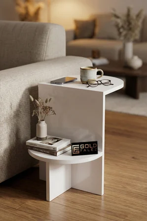 Reyo Falez Yan Sehpa Çok Amaçlı Modern Tasarım Raflı Salon Koltuk Kenarı Sehpası Setro - 6021 Beyaz