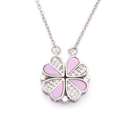 316L Çelik Zirkon Taşlı Pembe Açılabilir Yonca Kolye KLY-569