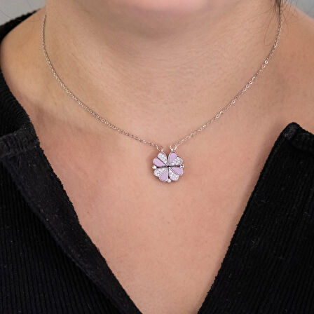 316L Çelik Zirkon Taşlı Pembe Açılabilir Yonca Kolye KLY-569