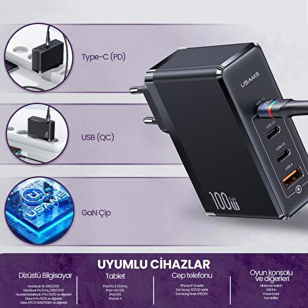 Usams US-CC163 T50 Type-C Hızlı Şarj Aleti Siyah