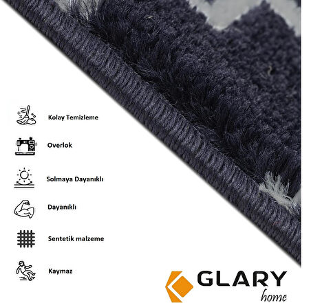 Glary Home GH40A-GRYB-GRY1 Kare Desenli Kaydırmaz Tabanlı 1'li Merdiven Halısı - Gri/Siyah