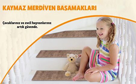 Glary Home GH39A-WDBE-GRY3 Üçgen Desenli Kaydırmaz Tabanlı 3'lü Merdiven Halısı - Beyaz/Koyu Bej