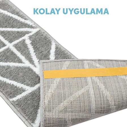 Glary Home GH39A-WDBE-GRY3 Üçgen Desenli Kaydırmaz Tabanlı 3'lü Merdiven Halısı - Beyaz/Koyu Bej