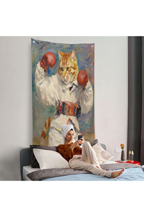 Boks Eldivenli Sevimli Kedi Duvar Örtüsü-7997