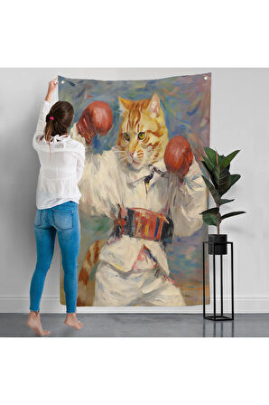 Boks Eldivenli Sevimli Kedi Duvar Örtüsü-7997