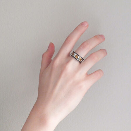 Siyah Çelik Yüzük Alyans Altın Kaplama YZK-313