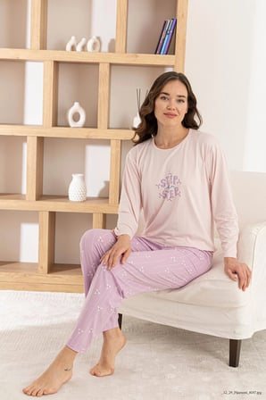 Pijamoni Kadın Milan Kumaş Bisiklet Yaka Uzun Kollu Pijama Takımı