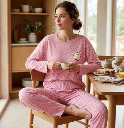 Pijamoni Kadın Milan Kumaş Bisiklet Yaka Uzun Kollu Pijama Takımı