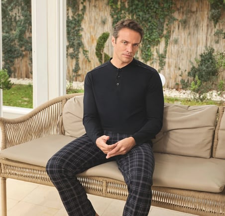 Pijamoni Erkek Penye Kumaş Düğmeli Yaka Lacivert Pijama Takımı