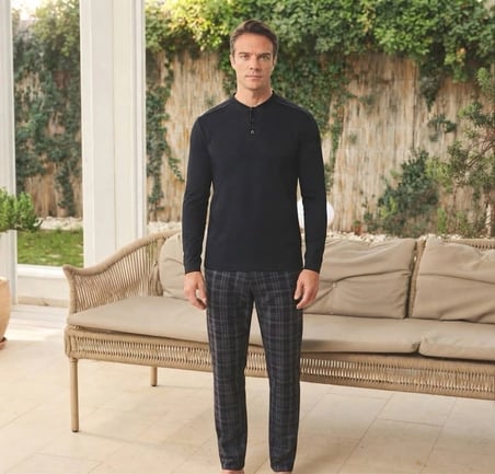Pijamoni Erkek Penye Kumaş Düğmeli Yaka Lacivert Pijama Takımı