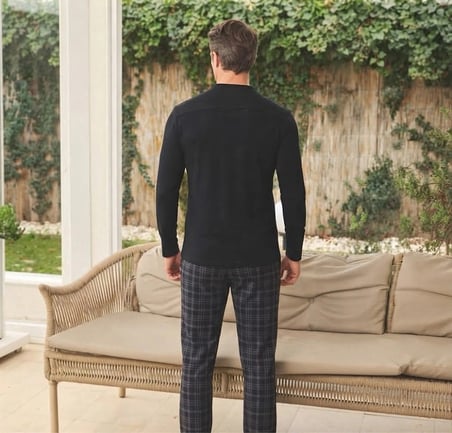 Pijamoni Erkek Penye Kumaş Düğmeli Yaka Lacivert Pijama Takımı