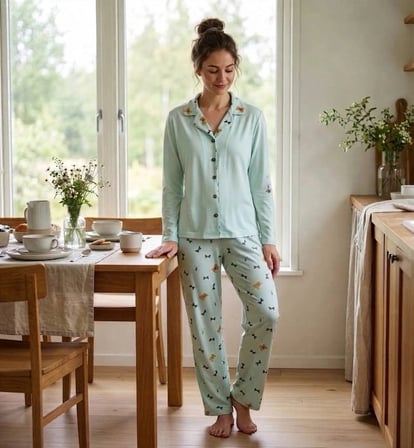 Pijamoni Kadın Premium Milan Kumaş Gömlek Yaka Uzun Kollu Pijama Takımı