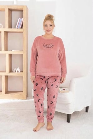 Pijamoni Kadın Büyük Beden Yumuşak Kadife Kouı Pudra Pijama Takımı