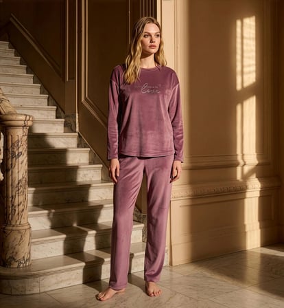 Pijamoni Kadın Yumuşak Kadife Bisiklet Yaka Pudra Pijama Takımı