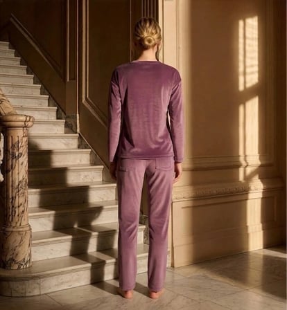 Pijamoni Kadın Yumuşak Kadife Bisiklet Yaka Pudra Pijama Takımı