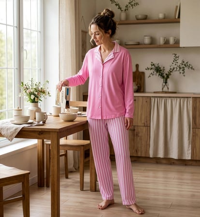 Pijamoni Kadın Premium Milan Kumaş Gömlek Yaka Uzun Kollu Pijama Takımı