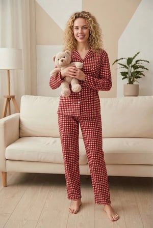 Pijamoni Kadın Süet Kumaş Önü Düğmeli Uzun Kollu Pijama Takımı