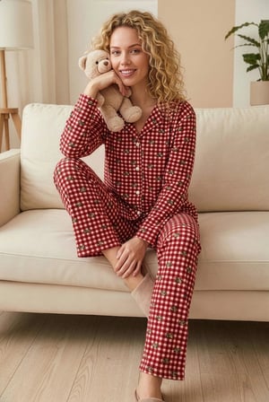 Pijamoni Kadın Süet Kumaş Önü Düğmeli Uzun Kollu Pijama Takımı