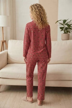 Pijamoni Kadın Süet Kumaş Önü Düğmeli Uzun Kollu Pijama Takımı