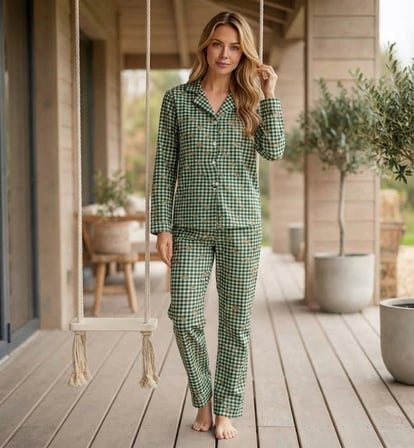 Pijamoni Kadın Süet Kumaş Önü Düğmeli Uzun Kollu Pijama Takımı