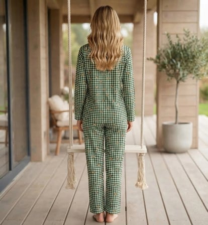 Pijamoni Kadın Süet Kumaş Önü Düğmeli Uzun Kollu Pijama Takımı