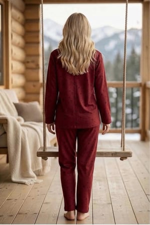 Pijamoni Kadın Süet Kumaş Önü Düğmeli Uzun Kollu Pijama Takımı