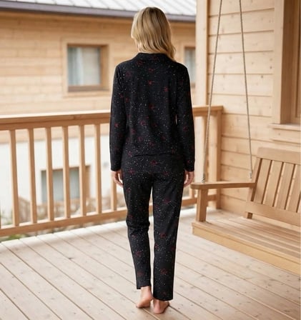Pijamoni Kadın Süet Kumaş Önü Düğmeli Uzun Kollu Pijama Takımı