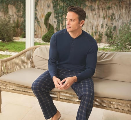 Pijamoni Erkek Penye Kumaş Düğmeli Yaka Koyu Lacivert Pijama Takımı