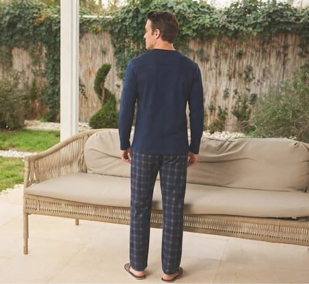 Pijamoni Erkek Penye Kumaş Düğmeli Yaka Koyu Lacivert Pijama Takımı