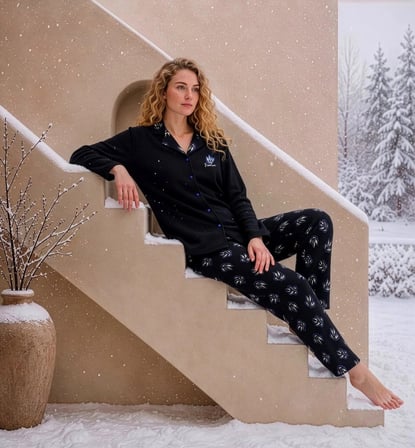 Pijamoni Kadın Waffle Kumaş Önden Düğmeli Uzun Kollu Pijama Takımı