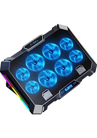Claw's Vortex 8x Turbo LED Fan - 10 Modlu RGB - LCD Ekran - Ayarlabilir Fan Hızı & 7 Farklı Stand Yükseklik Kademesi – 2x USB - Metal Mesh Zemin Notebook Soğutucu - Siyah (9"-17" Boyut Destekli)