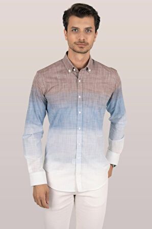 Panolu Kahve Mavi Geçişli Slimfit Keten Gömlek