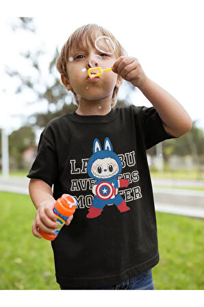 Kaptan Amerika Labubu Baskılı Unisex Çizgi Film Çocuk Tişört (1-12 Yaş)