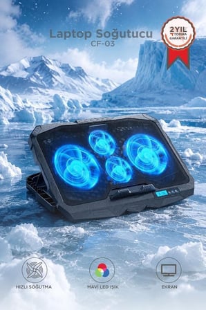 Stand Oyuncu Çalışma Laptop Soğutucu Ayarlanabilir Dizüstü Bilgisayar Soğutma Fanı CF03 Siyah