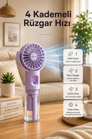 Soğuk Buhar El Fanı Taşınabilir Vantilatör Şarjlı Su Buharlı Mini Masa Fan F13 Mor