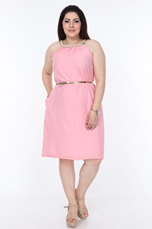 Hasır Yaka Pembe Büyük Beden Elbise 7B-1113