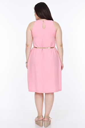 Hasır Yaka Pembe Büyük Beden Elbise 7B-1113