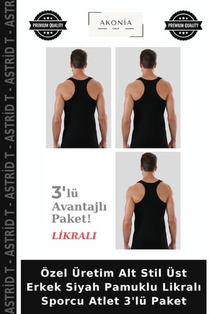 Özel Üretim Alt Stil Üst Erkek Siyah Pamuklu Likralı Sporcu Atlet 3'lü Paket