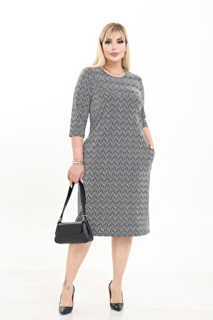 Çift Cepli Desenli Esnek Kışlık Büyük Beden Midi Elbise 7C-2734