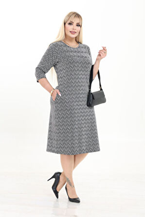 Çift Cepli Desenli Esnek Kışlık Büyük Beden Midi Elbise 7C-2734