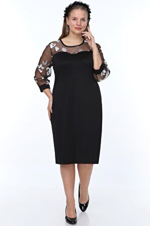 Gümüş Çiçek Kol Büyük Beden Elbise 7D-0899