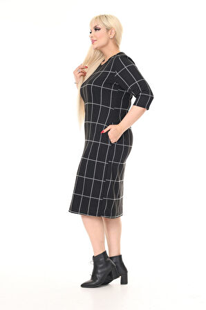 Çift Cepli Kışlık Büyük Beden Esnek Desenli Elbise 7D-2616