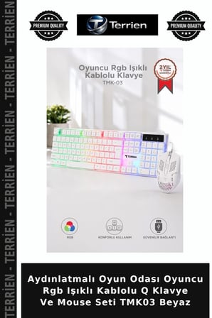Aydınlatmalı Oyun Odası Oyuncu Rgb Işıklı Kablolu Q Klavye Ve Mouse Seti TMK03 Beyaz