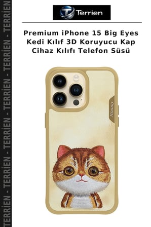 Premium iPhone 15 Big Eyes Kedi Kılıf 3D Koruyucu Kap Cihaz Kılıfı Telefon Süsü